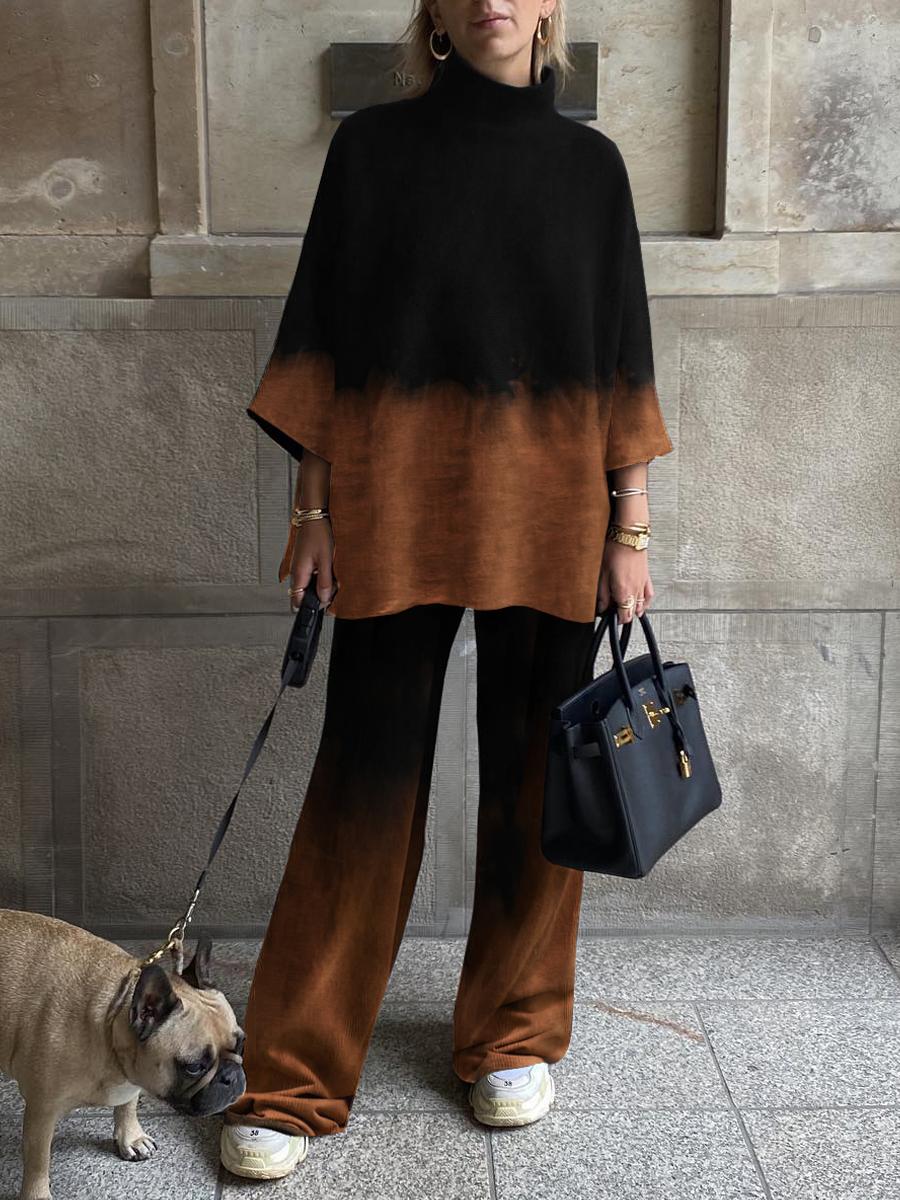 Women's Fashion Gradient Brown Color Block Stitching Loose Casual Suit