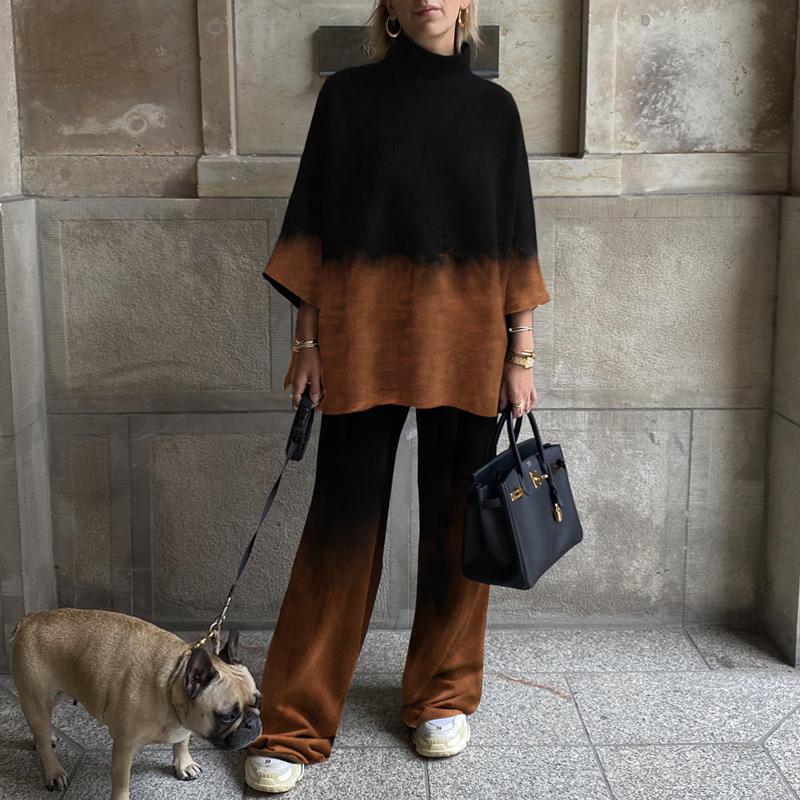 Women's Fashion Gradient Brown Color Block Stitching Loose Casual Suit