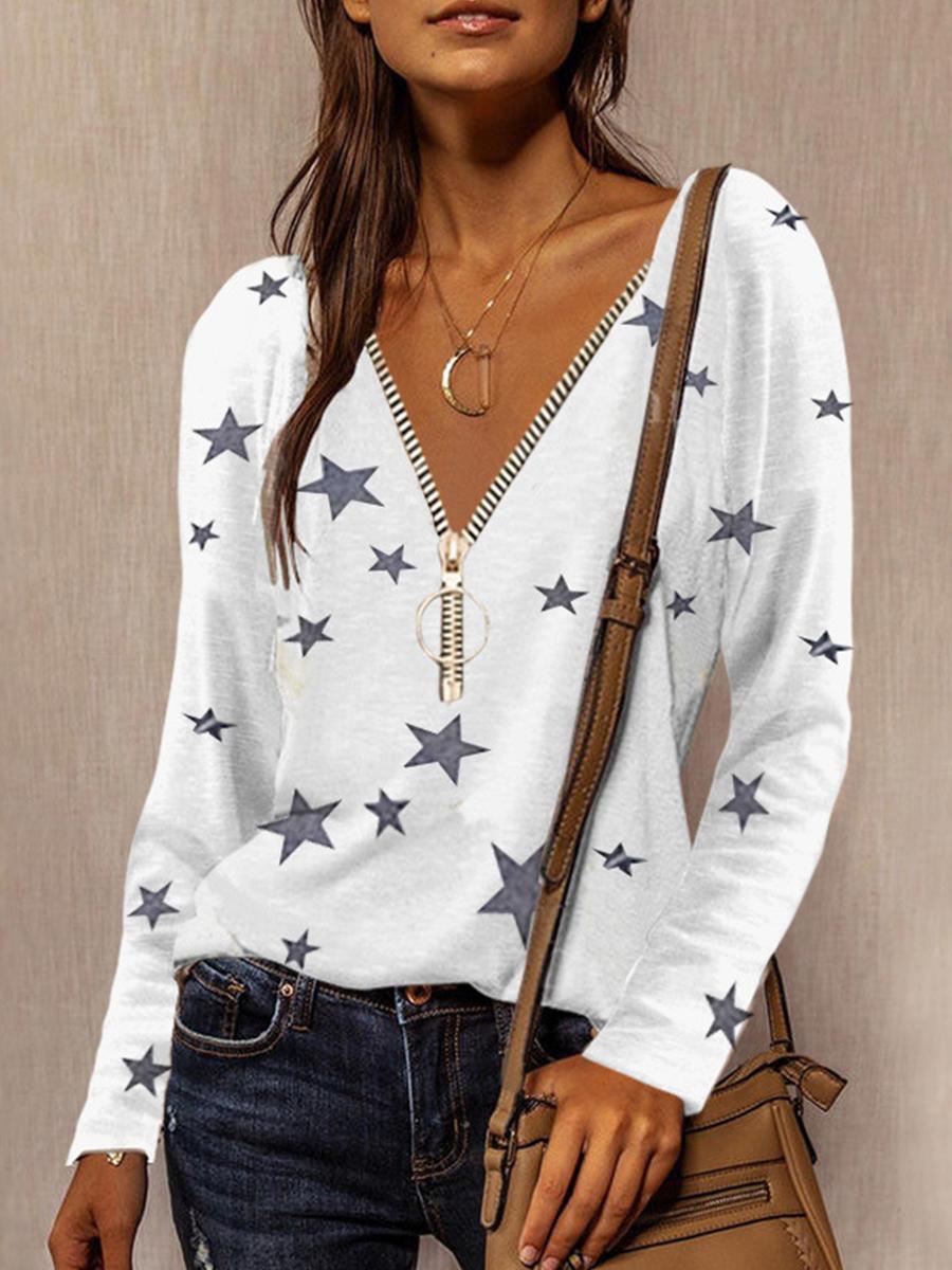 Casual Zipper V-neck Star Print Long-sleeved T-shirt