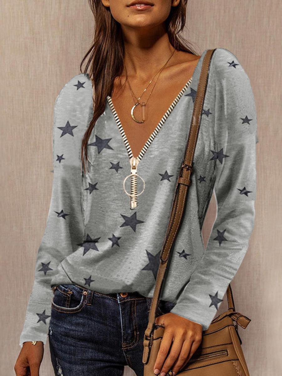 Casual Zipper V-neck Star Print Long-sleeved T-shirt