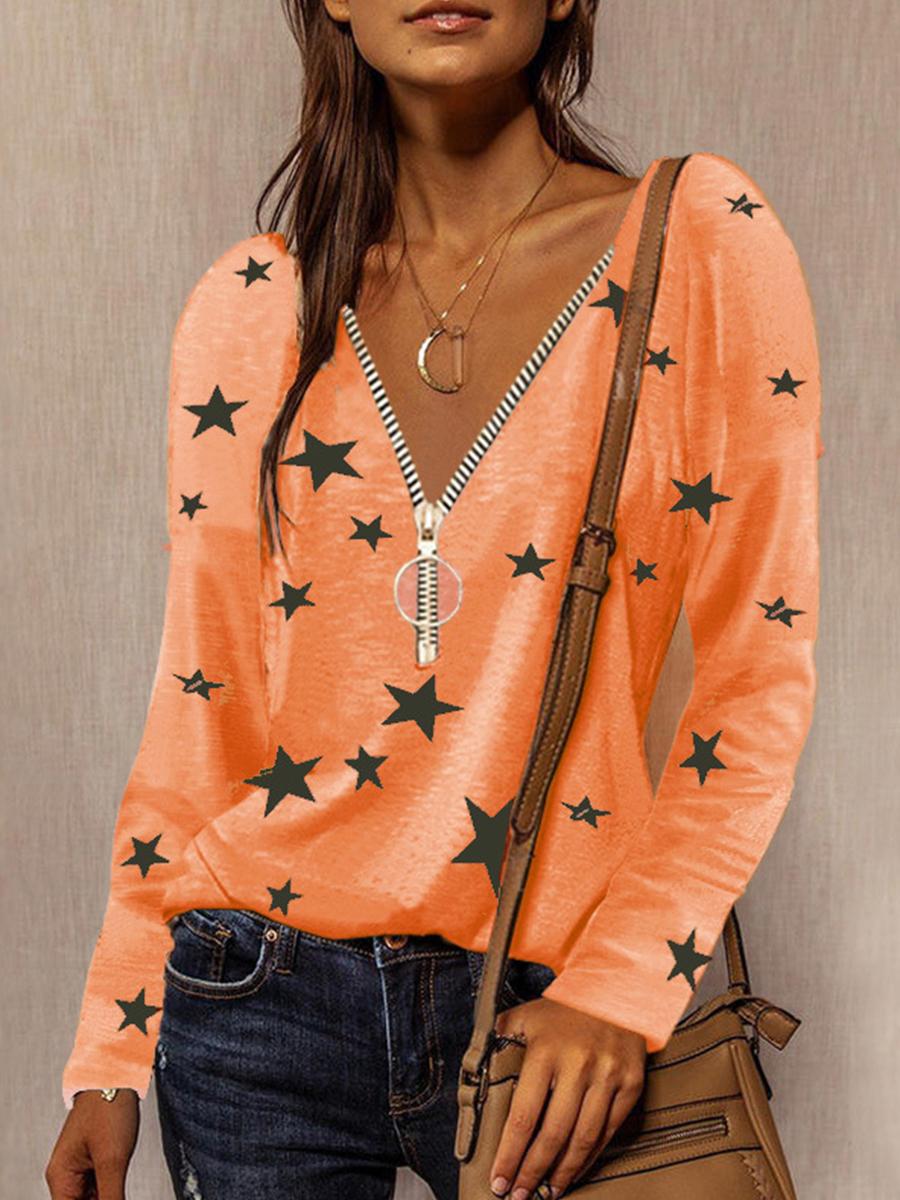 Casual Zipper V-neck Star Print Long-sleeved T-shirt