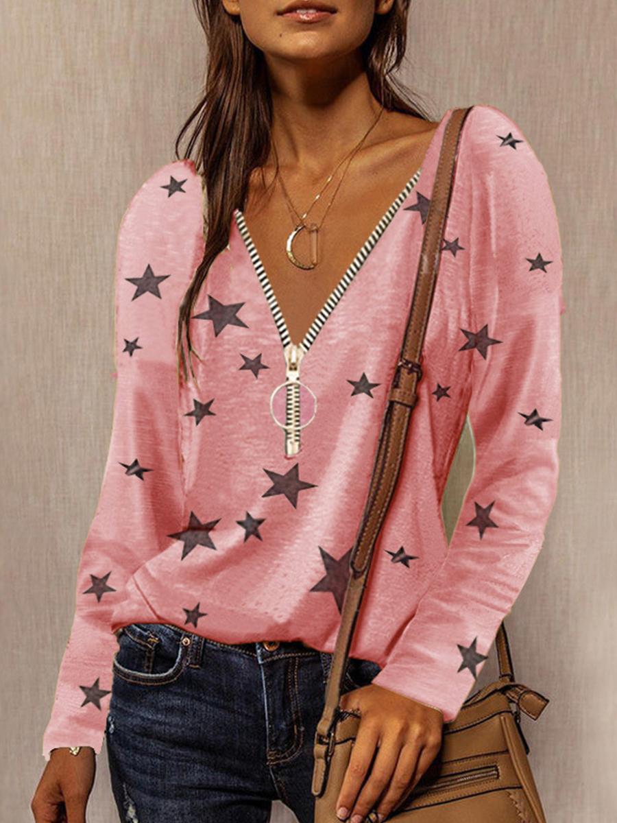Casual Zipper V-neck Star Print Long-sleeved T-shirt