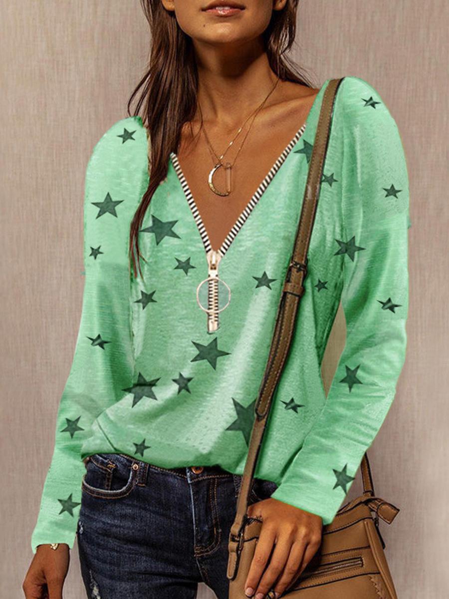 Casual Zipper V-neck Star Print Long-sleeved T-shirt