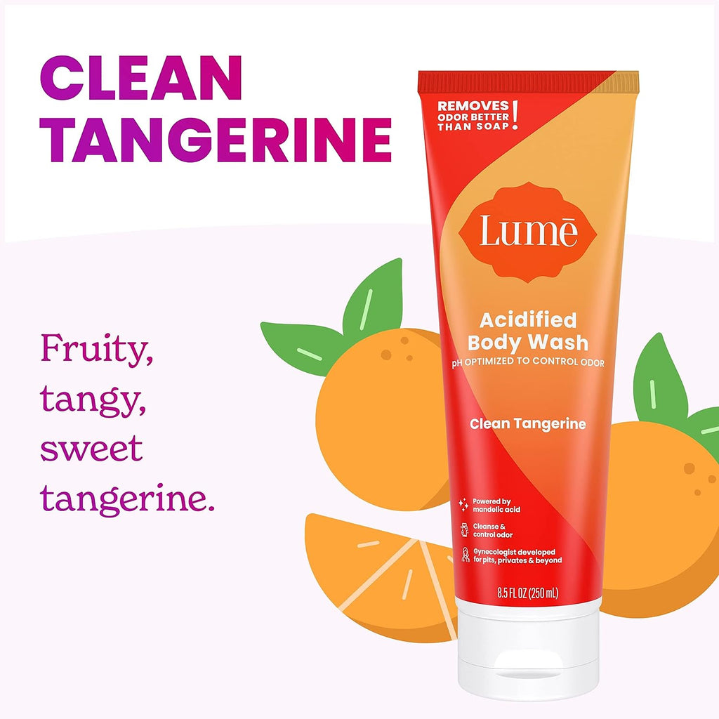 Lume Acidified Body Wash - 24 Hour Odor Control - Removes Odor Better than Soap - Moisturizing Formula - SLS Free, Paraben Free - Safe For Sensitive Skin - 8.5 ounce (Clean Tangerine)