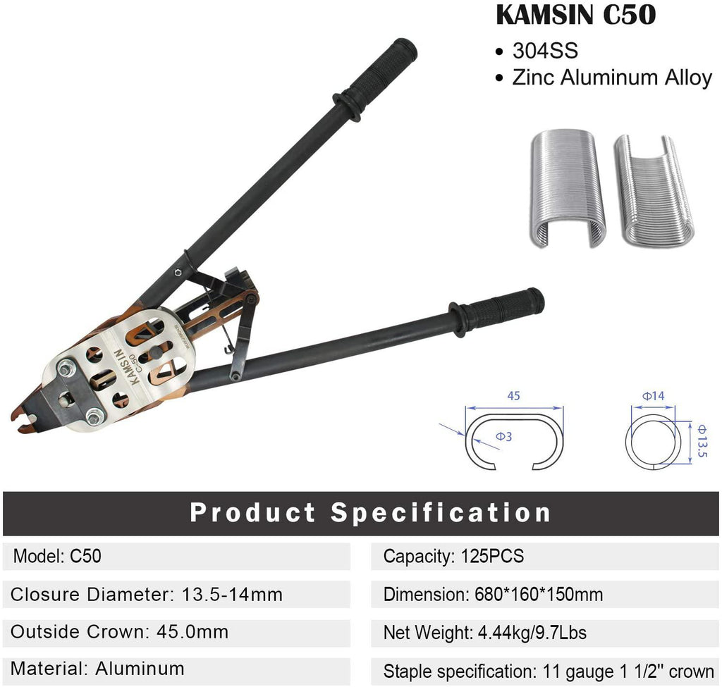 Kamsin C50 11 Gau1 3/4" Crown Snap-Ring Plier, Closure Diameter 13.5-14mm,Manual Fence Plier Tool with Auto-feed System,C Ring Gun, Hog Ring Tool Hand Tools for Animal Pet Cages, Mattress, Fencing