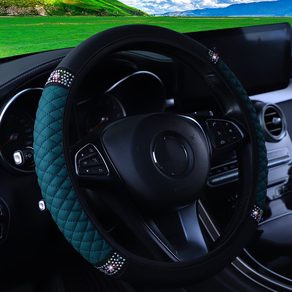 Car Pu Leather Steering Wheel Cover, 14.57-14.96inch Artificial Diamond, Steering Wheel Cover