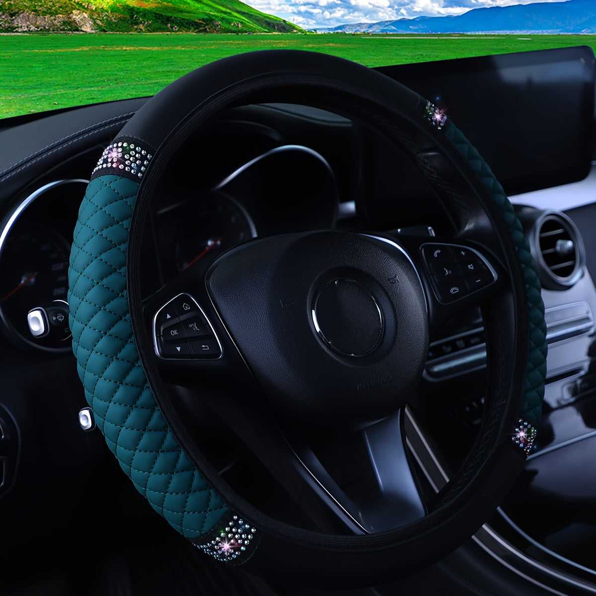 Car Pu Leather Steering Wheel Cover, 14.57-14.96inch Artificial Diamond, Steering Wheel Cover