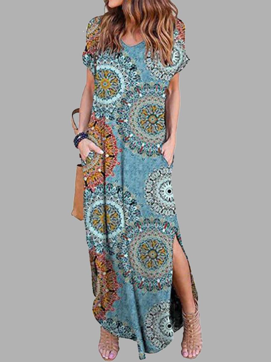 Casual Loose Floral V-Neck Short Sleeve Printed Hem Maxi Dress