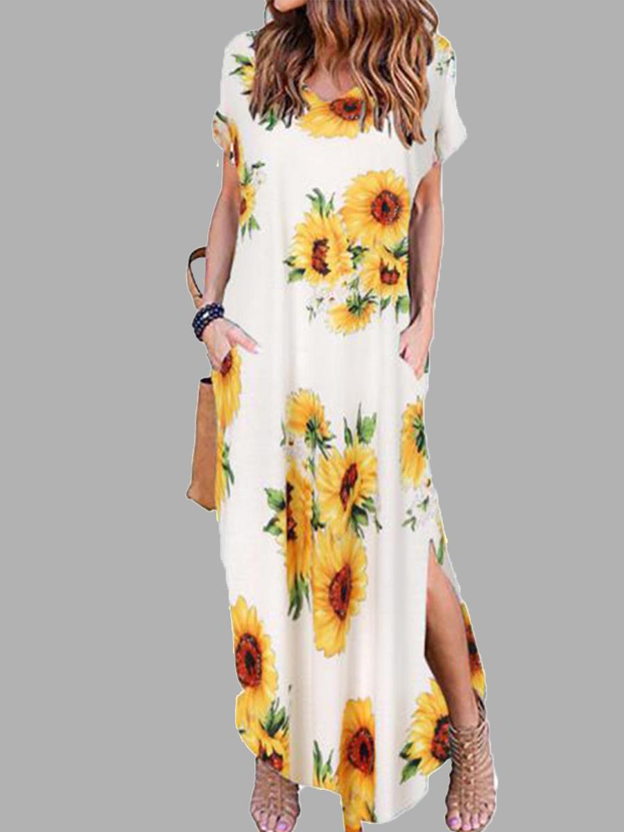 Casual Loose Floral V-Neck Short Sleeve Printed Hem Maxi Dress
