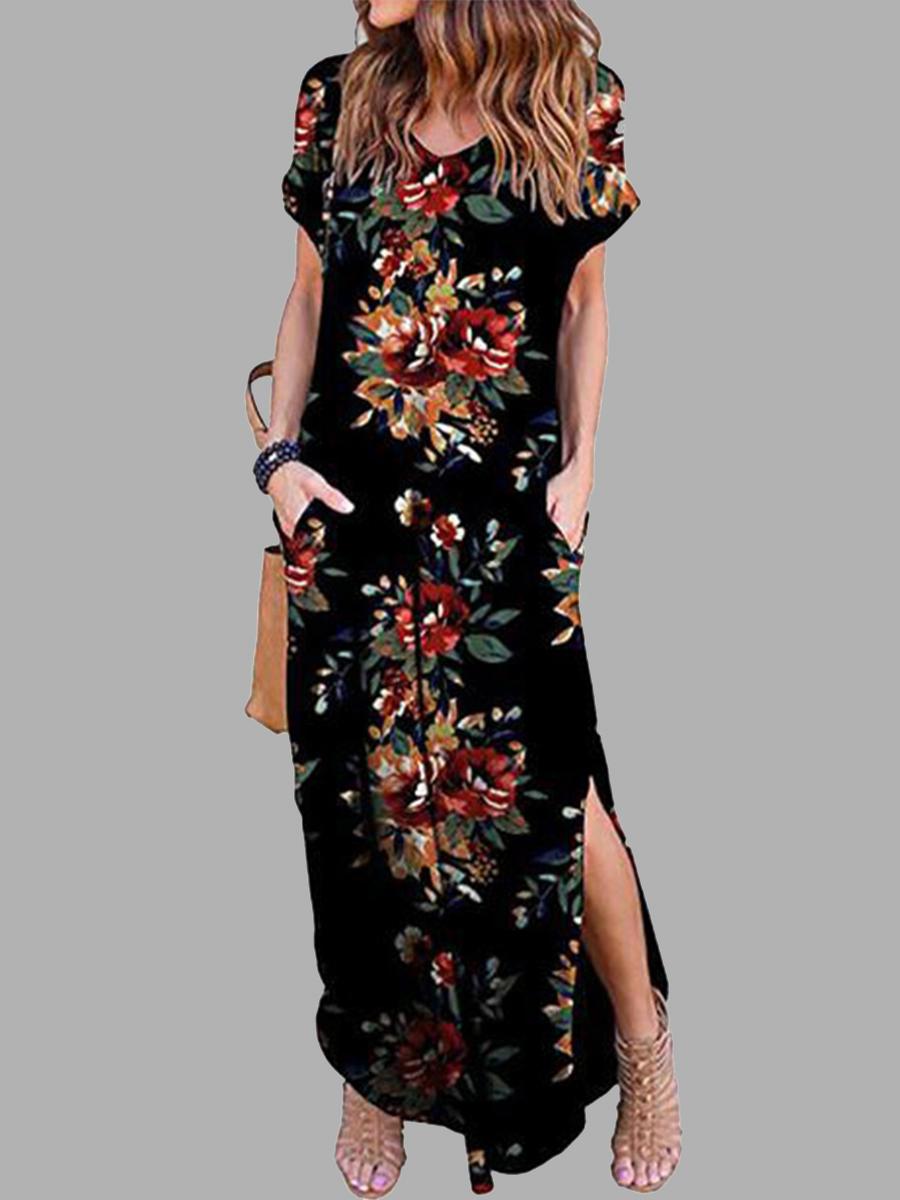 Casual Loose Floral V-Neck Short Sleeve Printed Hem Maxi Dress