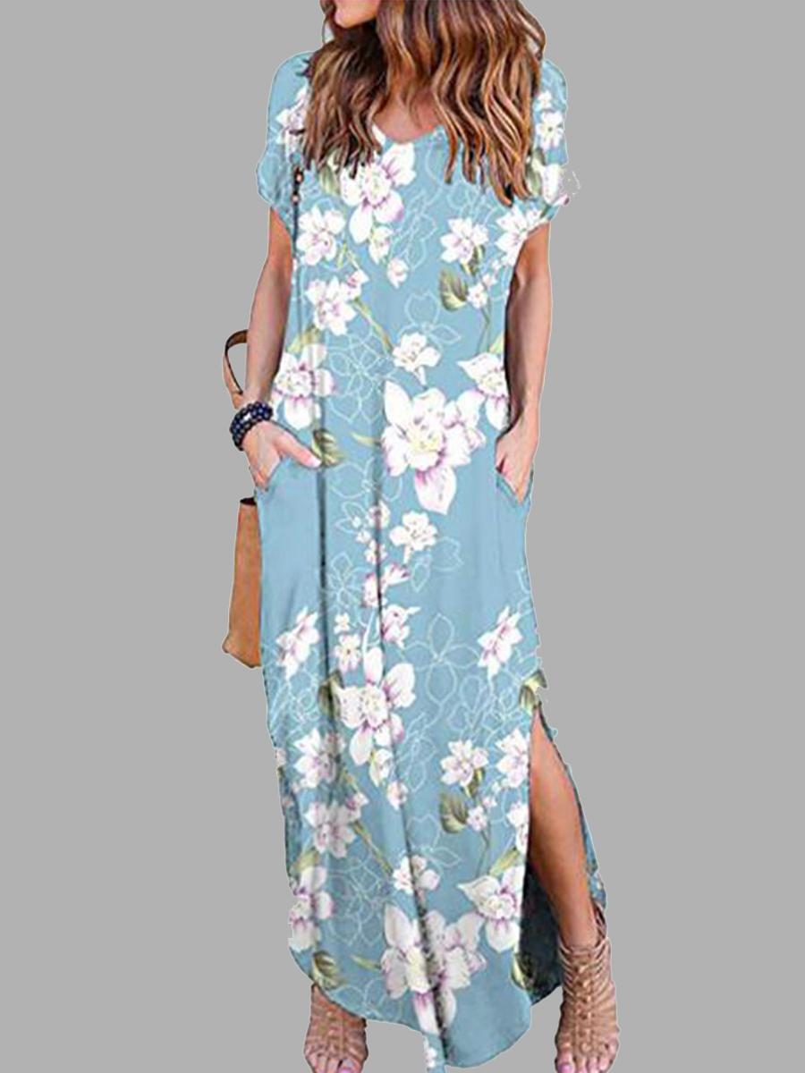 Casual Loose Floral V-Neck Short Sleeve Printed Hem Maxi Dress