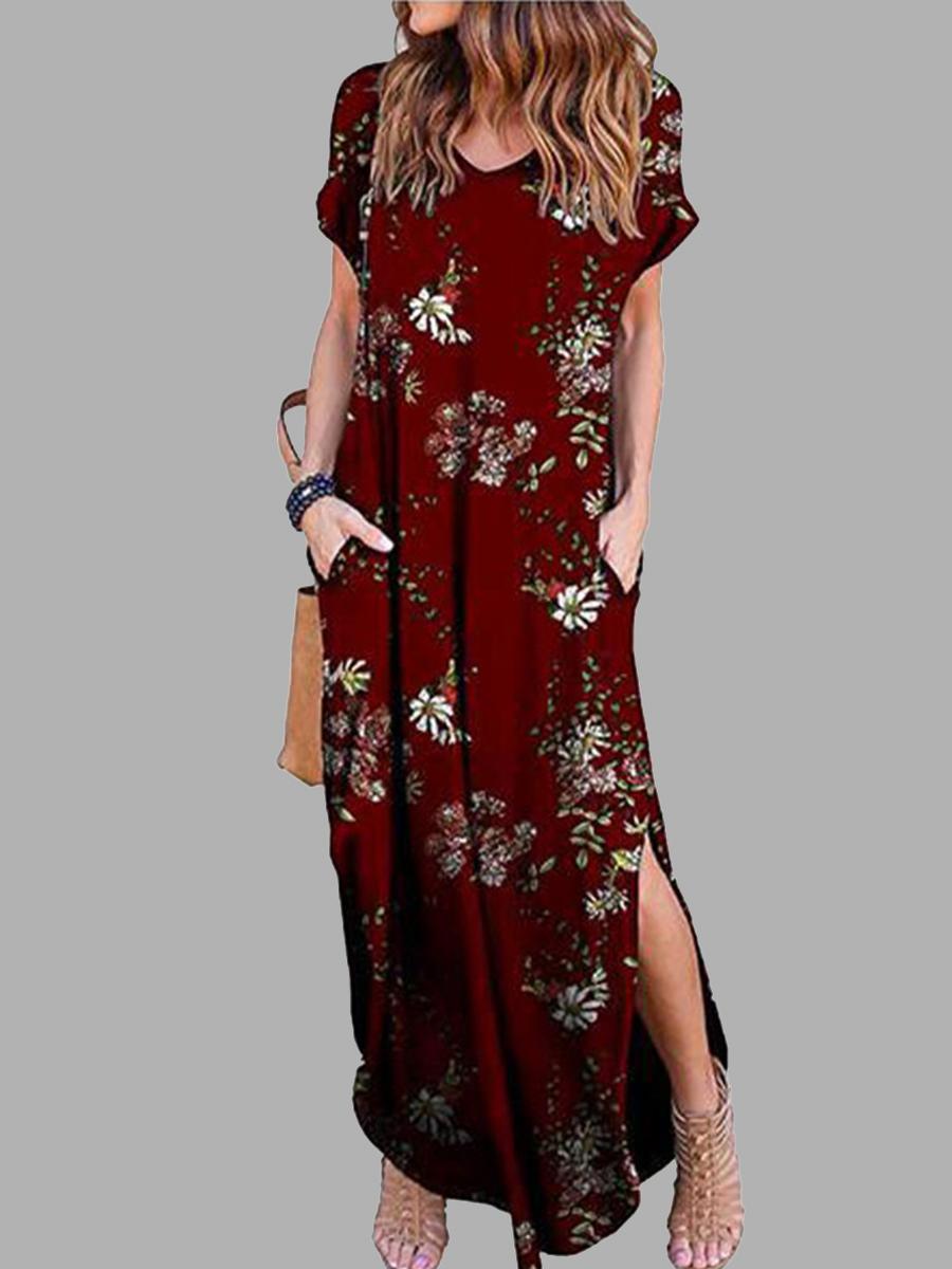 Casual Loose Floral V-Neck Short Sleeve Printed Hem Maxi Dress