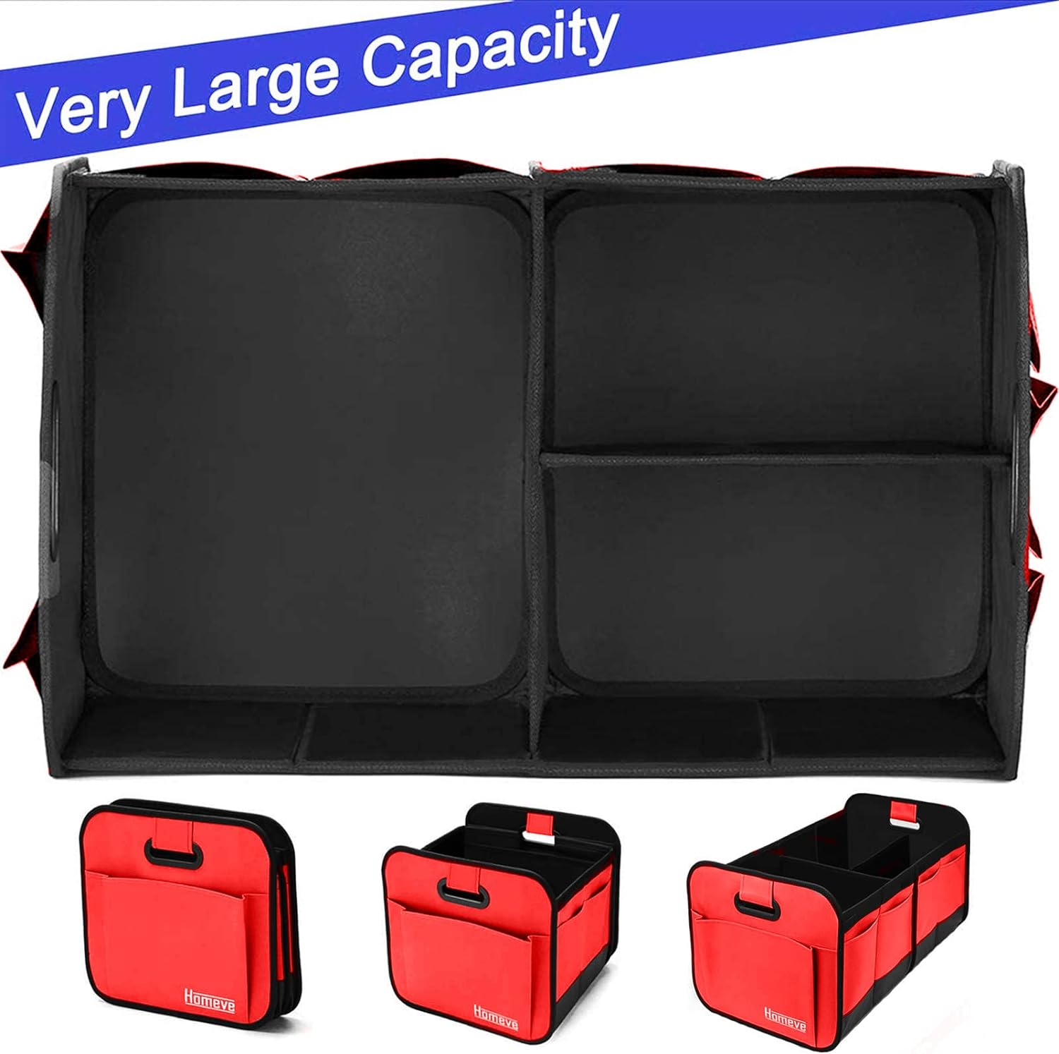 Homeve Trunk Organizer for Car, Car Storage, Reinforced Handles, Collapsible Multi-Compartment Car Organizers Foldable and Waterproof, 600D Oxford Polyester, Suitable for Any Car, SUV, Mini-Van, Red