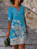 Ladies V-neck Printed Five-point Sleeve Shift Dress