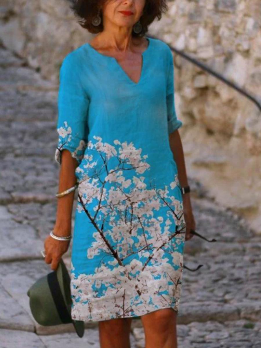 Ladies V-neck Printed Five-point Sleeve Shift Dress