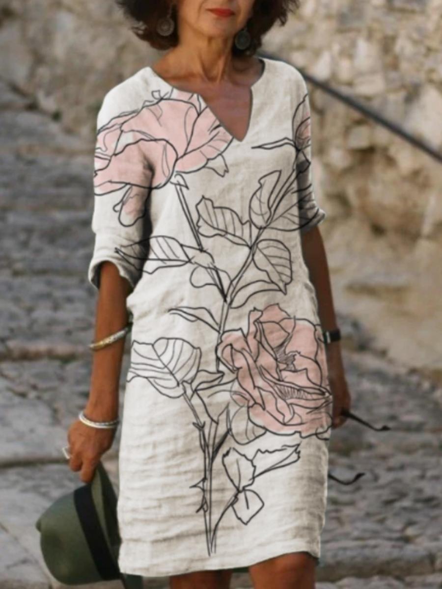 Ladies V-neck Printed Five-point Sleeve Shift Dress