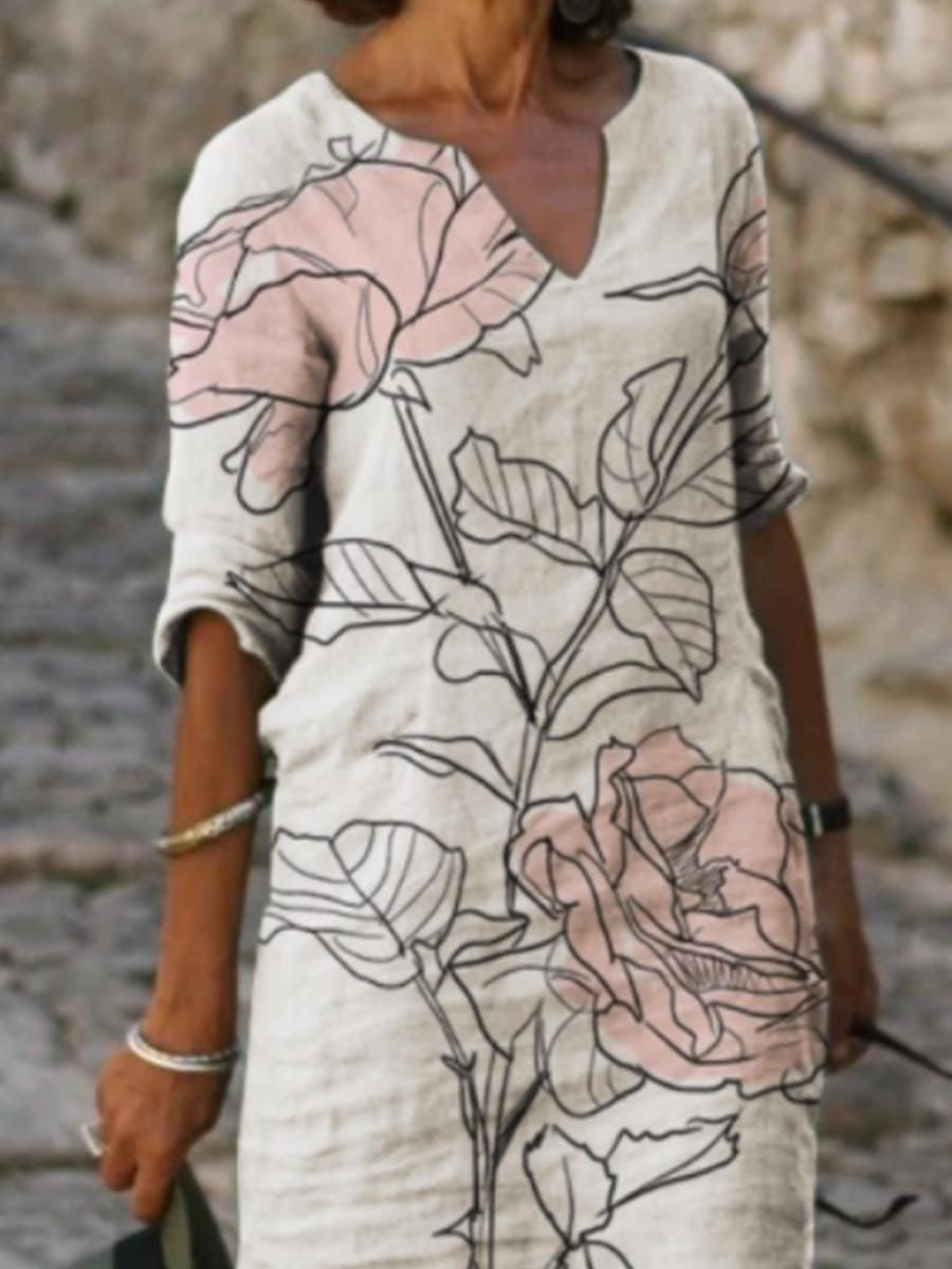 Ladies V-neck Printed Five-point Sleeve Shift Dress
