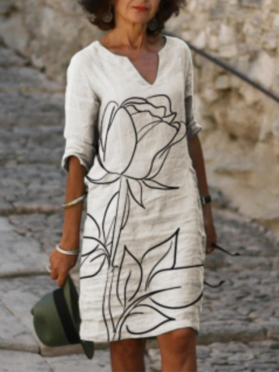 Ladies V-neck Printed Five-point Sleeve Shift Dress