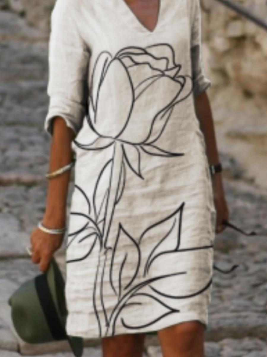 Ladies V-neck Printed Five-point Sleeve Shift Dress