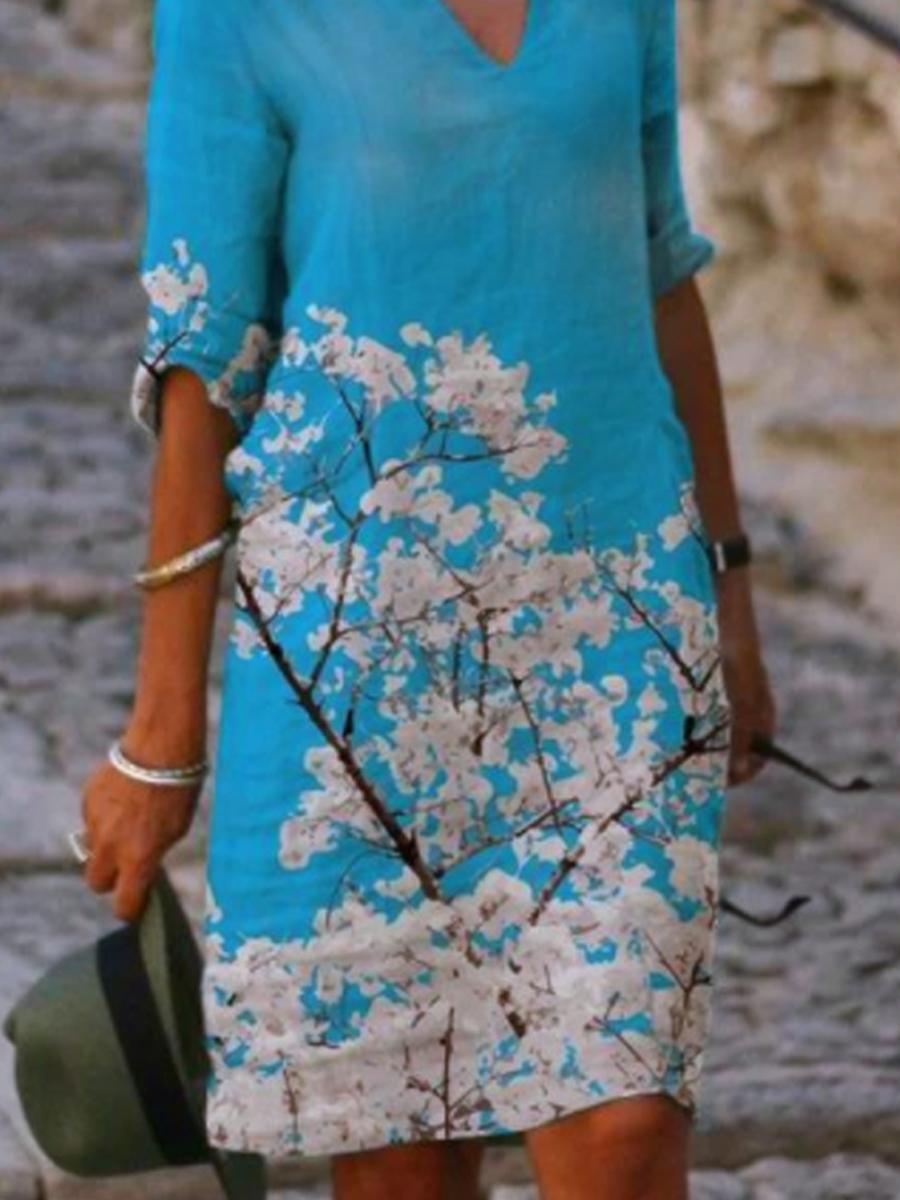 Ladies V-neck Printed Five-point Sleeve Shift Dress