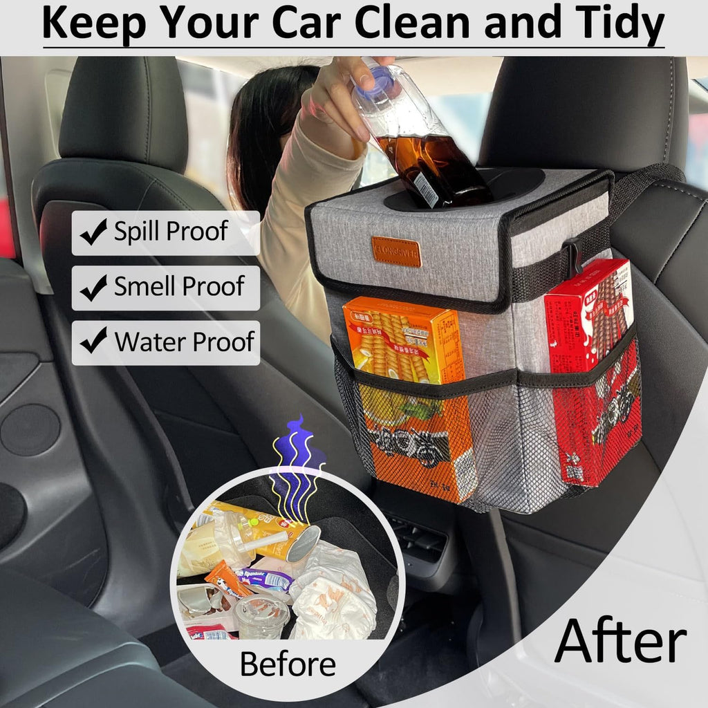 ELONGRIVER Car Trash Can Bin for Car Back Seat Leak Proof, Cute Car Trash Bag Hanging, Vehicle Trash Can for SUV Truck Van, Automotive Car Garbage Cans Front Seat Grey