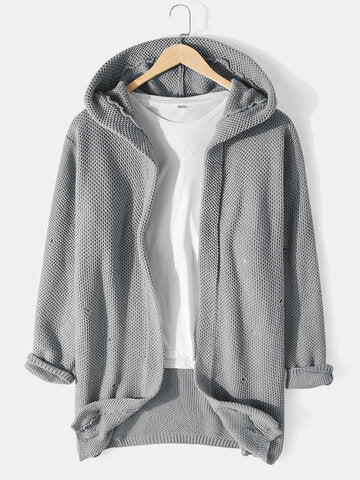 mens solid color knitted casual mid-length ripped loose sweater hooded cardigan