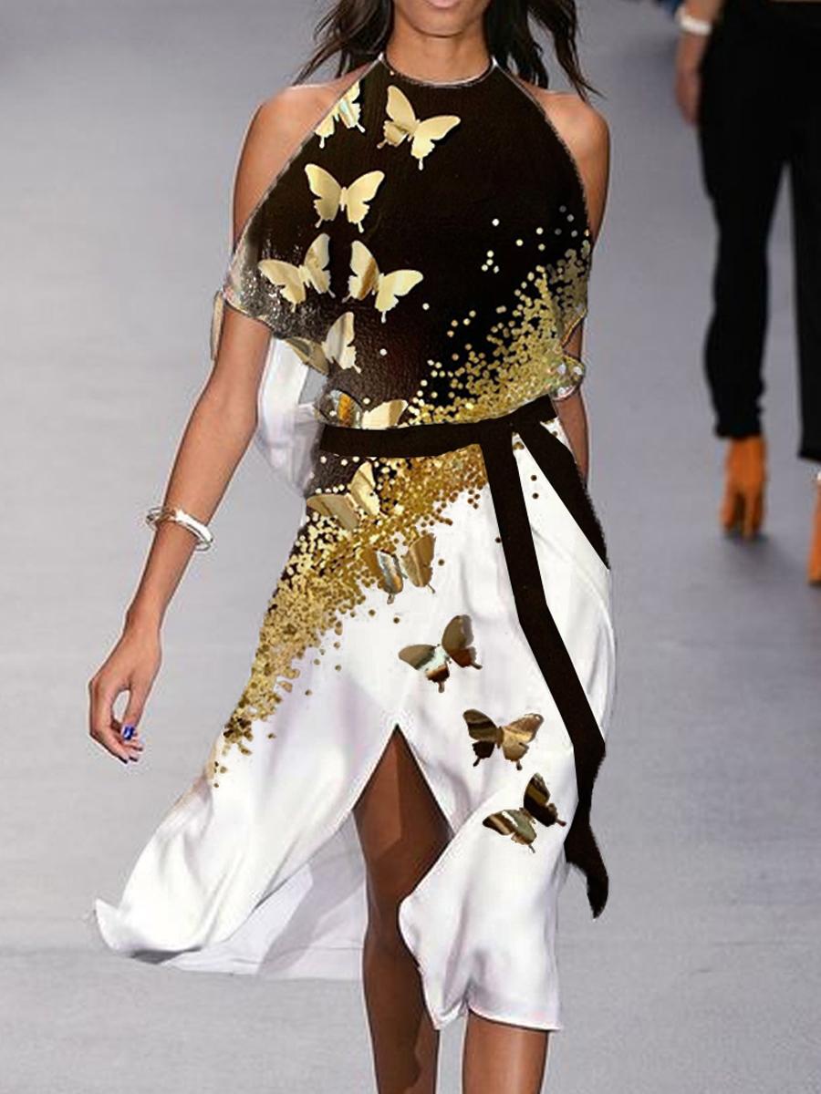 Fashion Colorblock Butterfly Print Off Shoulder Midi Dress