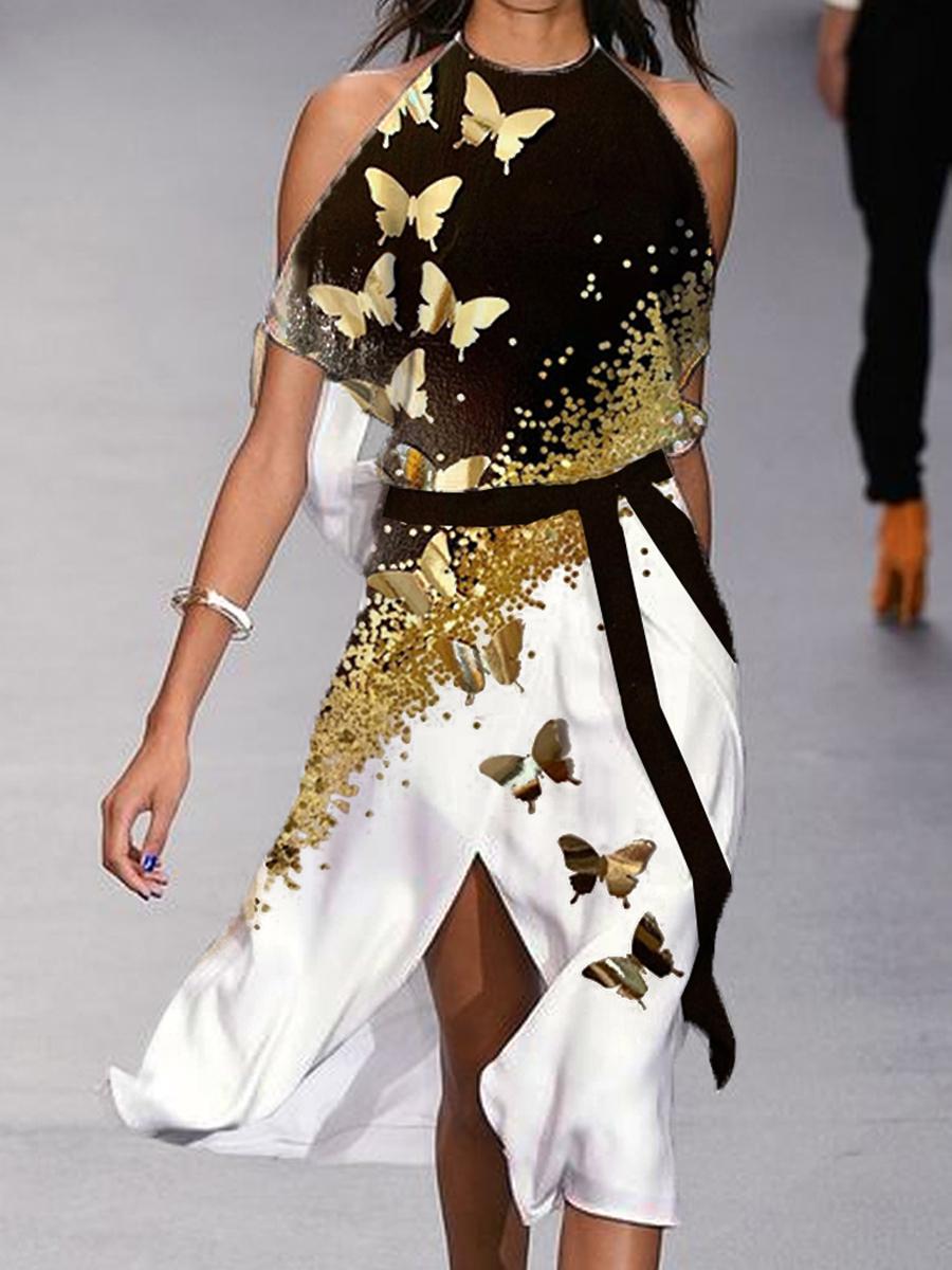 Fashion Colorblock Butterfly Print Off Shoulder Midi Dress