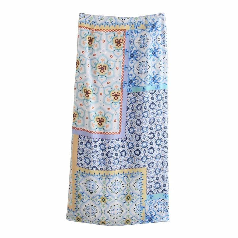 patchwork slit midi skirt