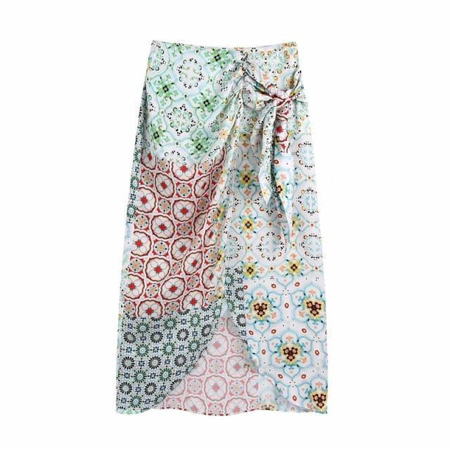 patchwork slit midi skirt