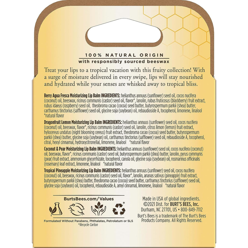 Burt's Bees Lip Balm, Moisturizing Lip Care for All Day Hydration, 100% Natural, Tropical - Pineapple, Berry Agua Fresca, Dragon Fruit &amp; Coconut &amp; Pear (4 Pack)