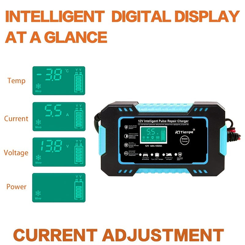 Full Car Motorcycle Battery Charger 12V 6A Auto Pulse Repair LCD Display Smart Fast CharAGM Deep Cycle GEL Lead-Acid Charger