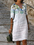 Ladies V-neck Sleeve flower Print Dress
