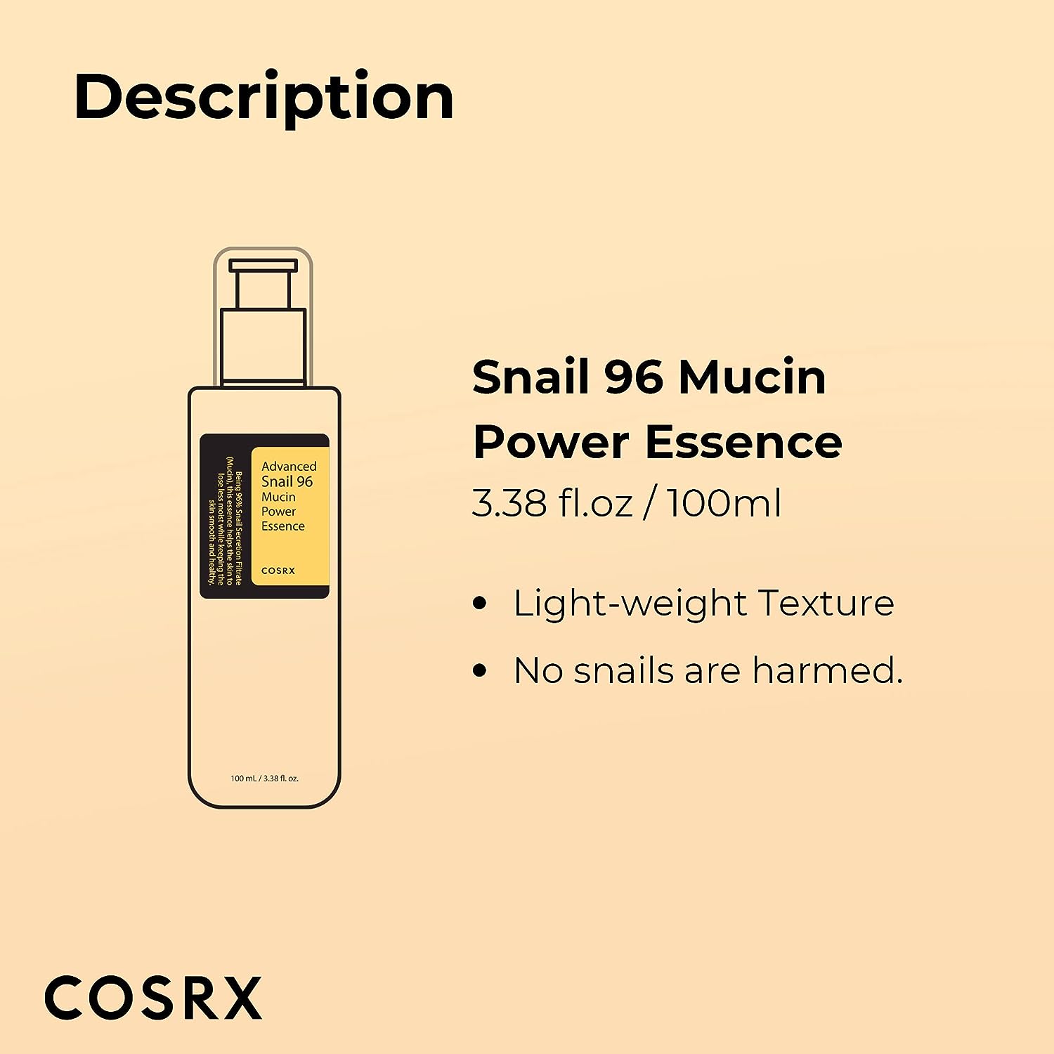 COSRX Snail Mucin 96% Power Repairing Essence 3.38 fl.oz, 100ml, Hydrating Serum for Face with Snail Secretion Filtrate for Dull and Damaged Skin, Not Tested on Animals, No Parabens, Korean Skincare