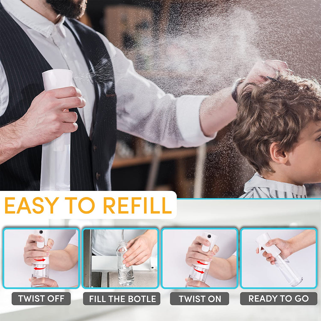 Hula Home Continuous Spray Bottle (10.1oz/300ml) Empty Ultra Fine Plastic Water Mist Sprayer – For Hairstyling, Cleaning, Salons, Plants, Essential Oil Scents &amp; More - White