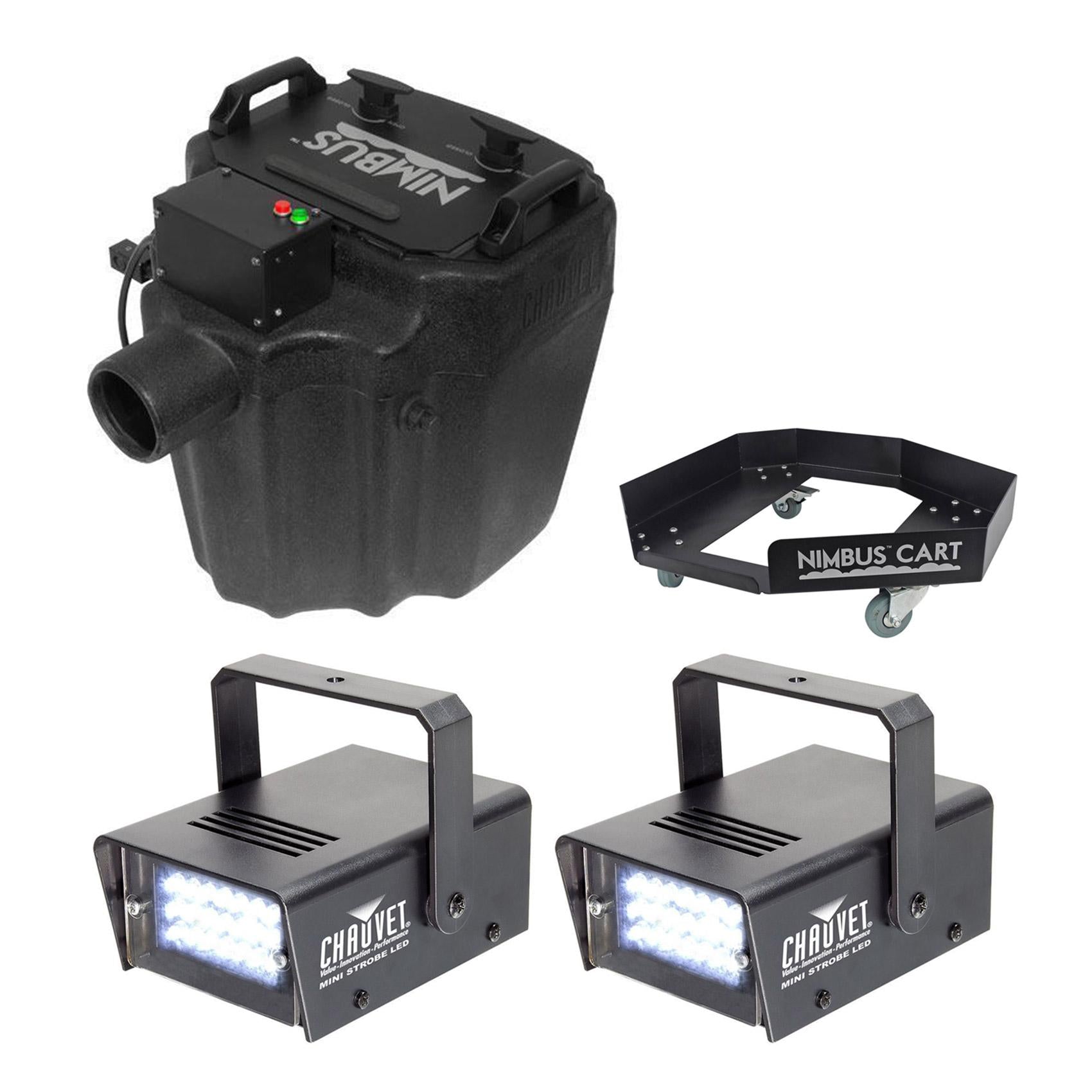 Chauvet DJ Nimbus Plug/Play Dry Ice Fog Machine+Nimbus Cart+2 Strobe Lights
