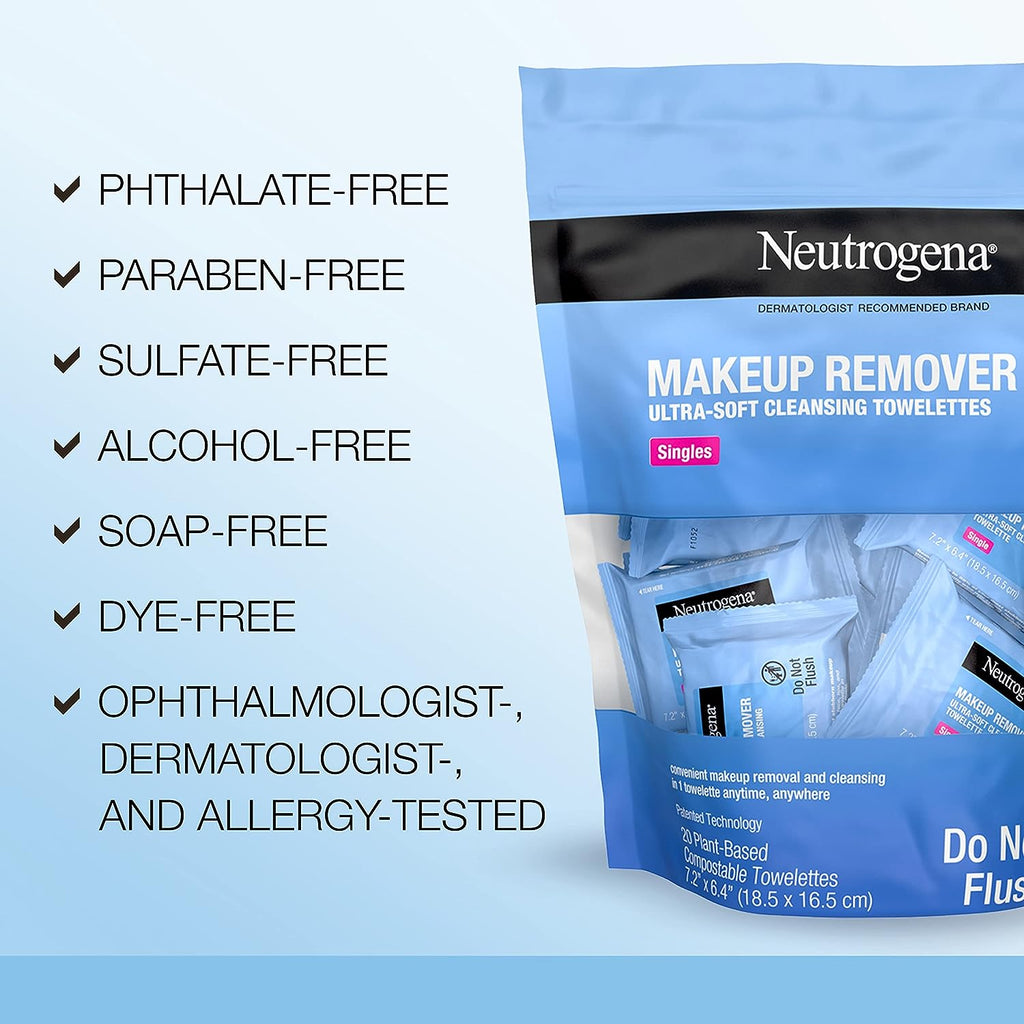 Neutrogena Makeup Remover Wipes Singles, Daily Facial Cleanser Towelettes, Gently Removes Oil &amp; Makeup, Alcohol-Free Makeup Wipes, Individually Wrapped, 20 ct