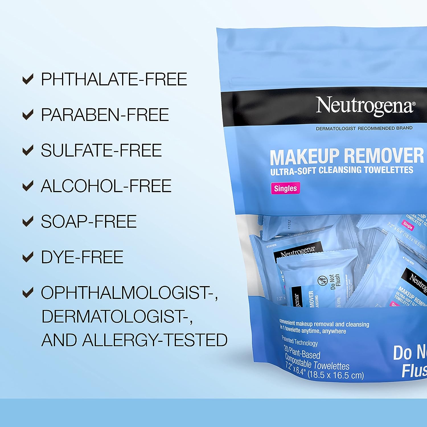 Neutrogena Makeup Remover Wipes Singles, Daily Facial Cleanser Towelettes, Gently Removes Oil &amp; Makeup, Alcohol-Free Makeup Wipes, Individually Wrapped, 20 ct