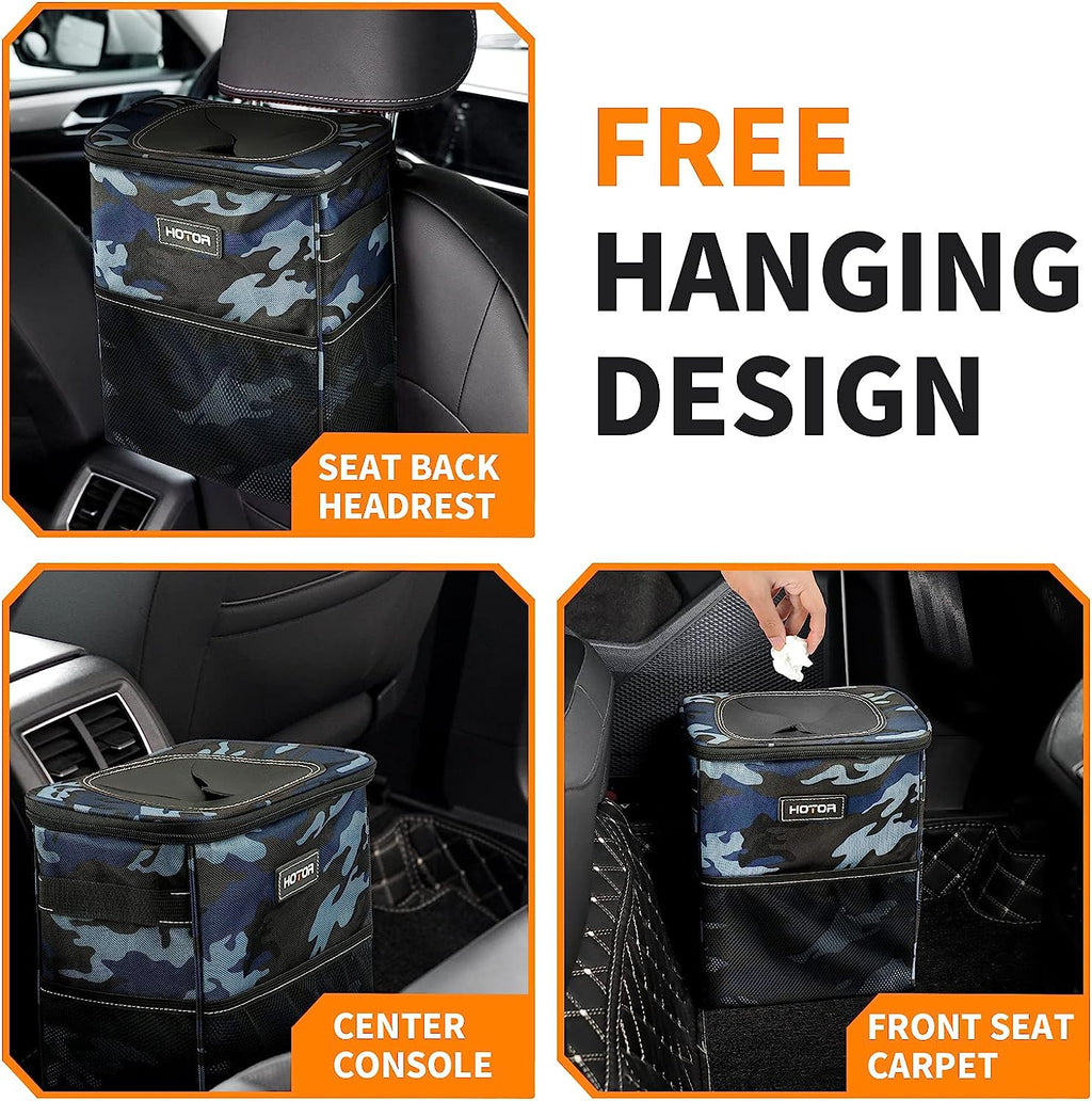 HOTOR Car Trash Can, Multifunctional Car Accessory for Interior Car Stuff Storage with Compact Design, Waterproof Car Organizer and Storage with Adjustable Straps, Magnetic Snaps (Camouflage Blue)