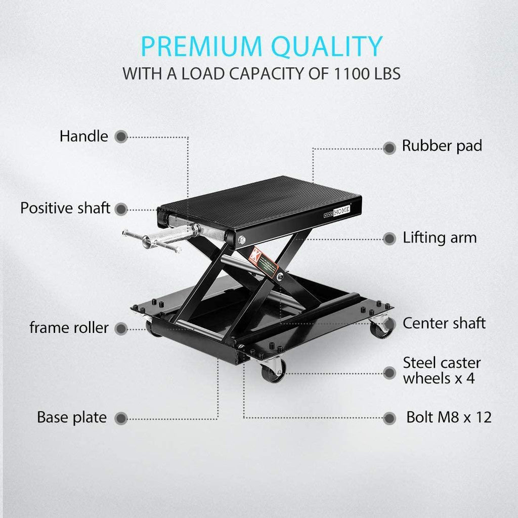 VIVOHOME 1100 Lbs Steel Wide Deck Motorcycle Lift ATV Scissor Lift Jack with Dolly and Hand Crank Bikes GaraRepair Hoist Stand Black