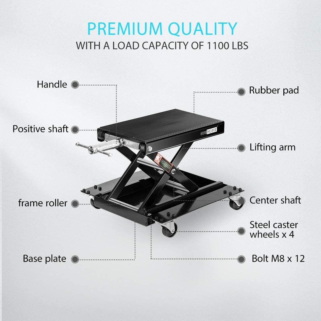 VIVOHOME 1100 Lbs Steel Wide Deck Motorcycle Lift ATV Scissor Lift Jack with Dolly and Hand Crank Bikes GaraRepair Hoist Stand Black