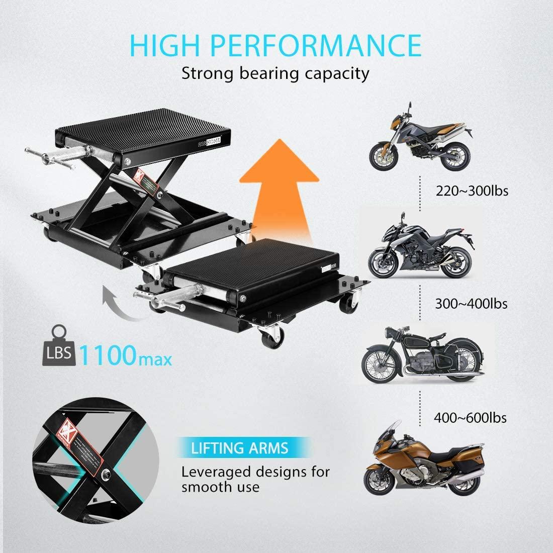 VIVOHOME 1100 Lbs Steel Wide Deck Motorcycle Lift ATV Scissor Lift Jack with Dolly and Hand Crank Bikes GaraRepair Hoist Stand Black