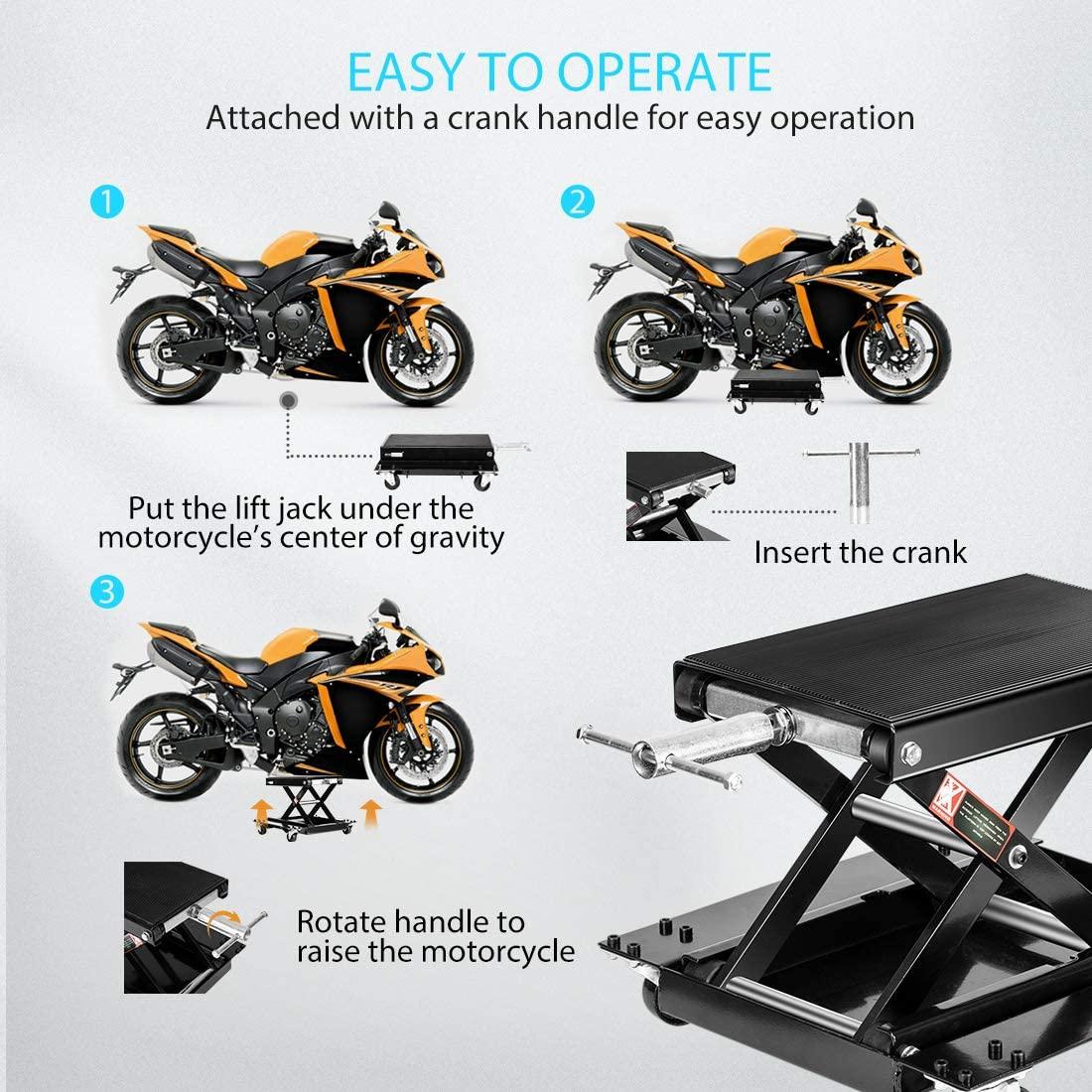 VIVOHOME 1100 Lbs Steel Wide Deck Motorcycle Lift ATV Scissor Lift Jack with Dolly and Hand Crank Bikes GaraRepair Hoist Stand Black
