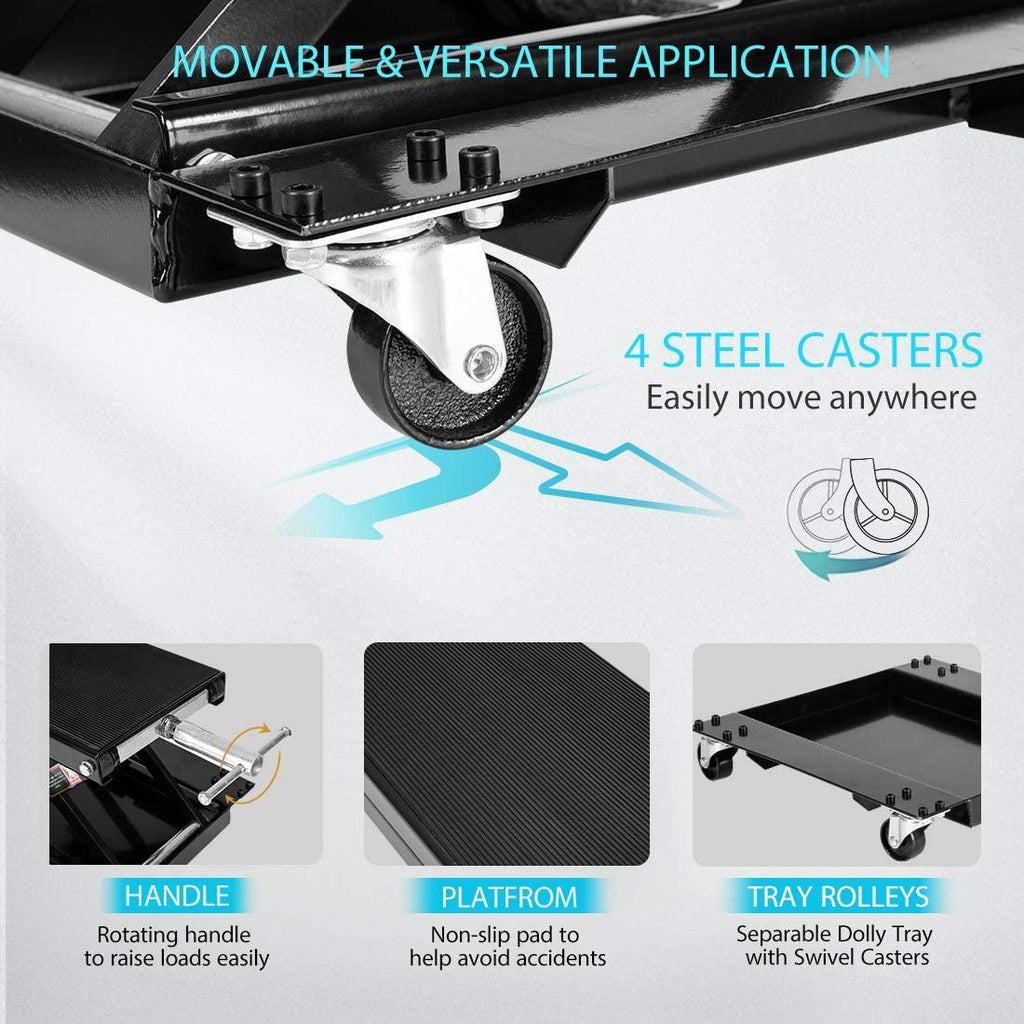 VIVOHOME 1100 Lbs Steel Wide Deck Motorcycle Lift ATV Scissor Lift Jack with Dolly and Hand Crank Bikes GaraRepair Hoist Stand Black