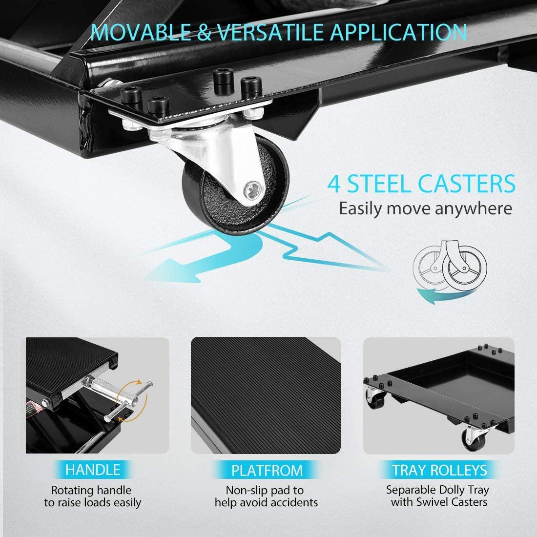 VIVOHOME 1100 Lbs Steel Wide Deck Motorcycle Lift ATV Scissor Lift Jack with Dolly and Hand Crank Bikes GaraRepair Hoist Stand Black