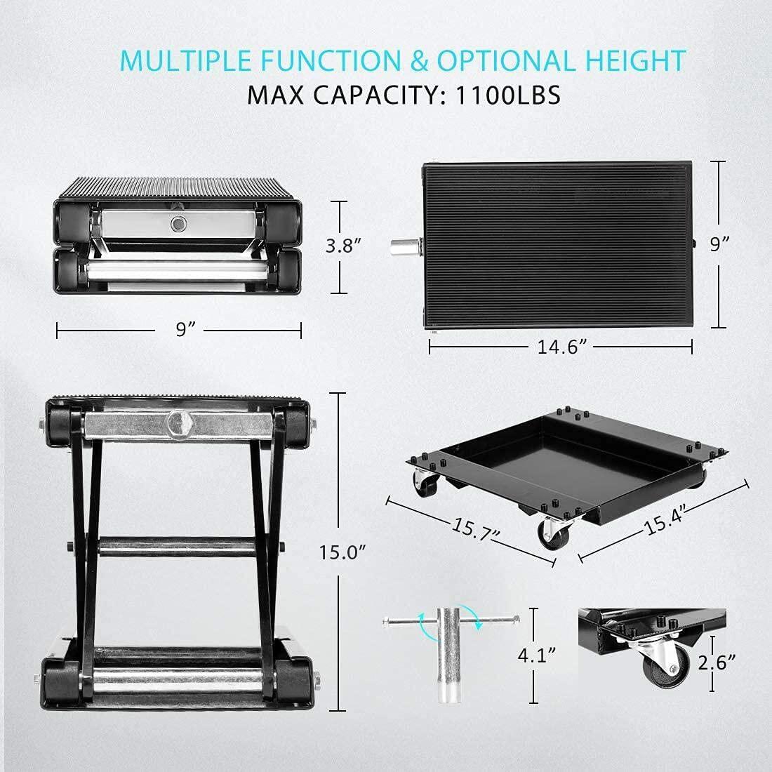 VIVOHOME 1100 Lbs Steel Wide Deck Motorcycle Lift ATV Scissor Lift Jack with Dolly and Hand Crank Bikes GaraRepair Hoist Stand Black