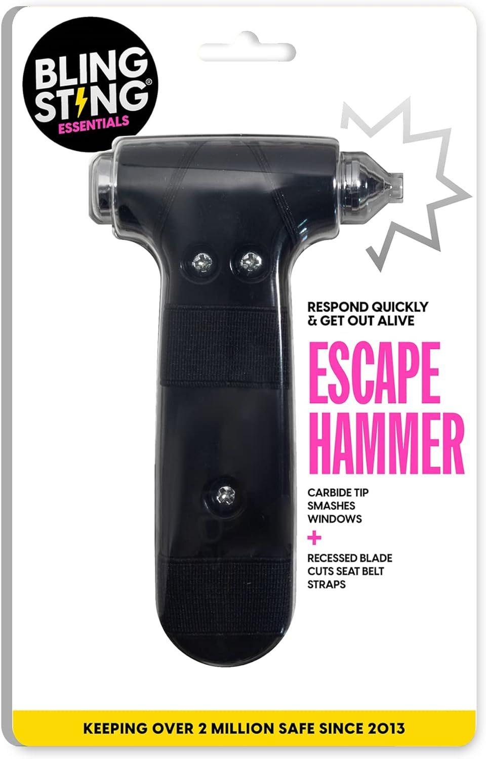 Super-Cute Safety Hammer - Emergency Automotive Escape Hammer Tool, Seat Belt Cutter &amp; Car Window Break Tool - Black, 1 Count
