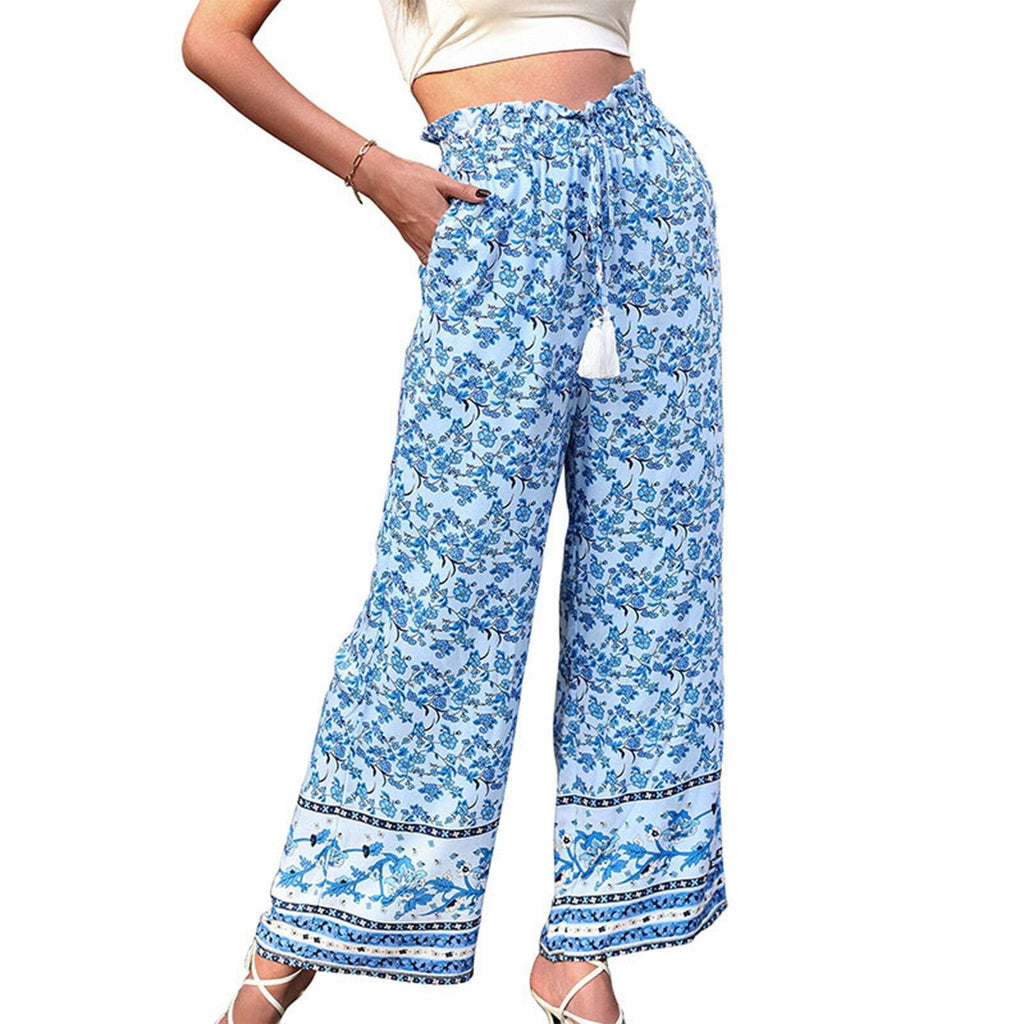 floral print high waist tie-up pants