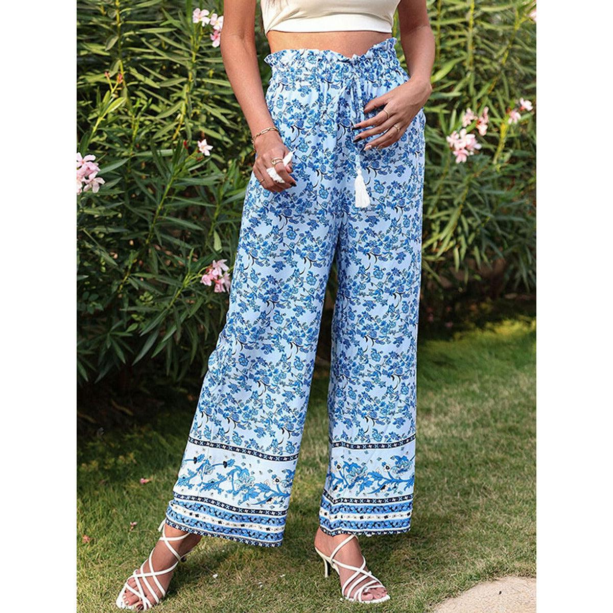 floral print high waist tie-up pants