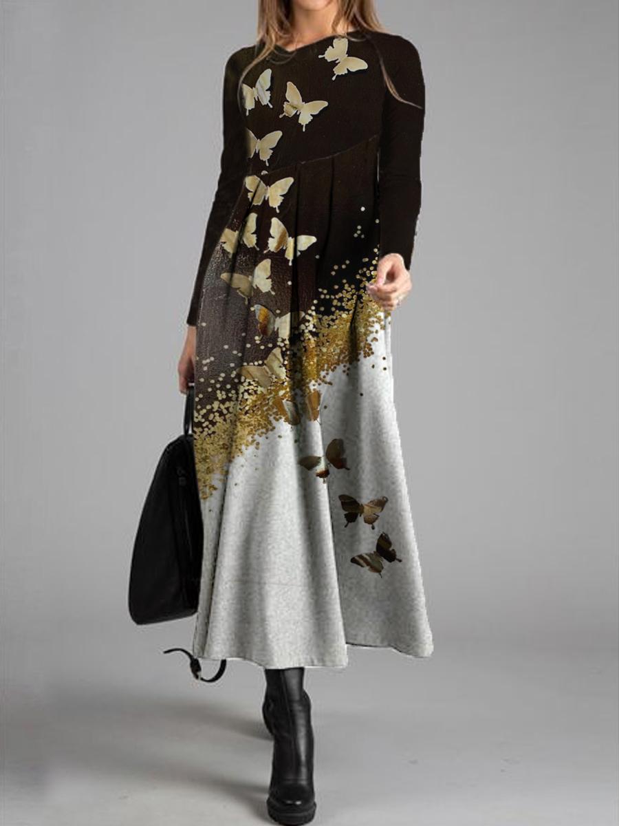Casual Butterfly Print Casual Long-sleeved Maxi Dress Women